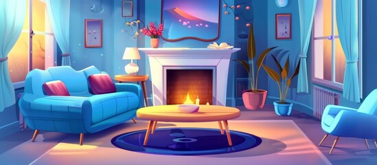 Modern cartoon living room setting featuring cozy blue couches and a fireplace, creating a warm and inviting atmosphere