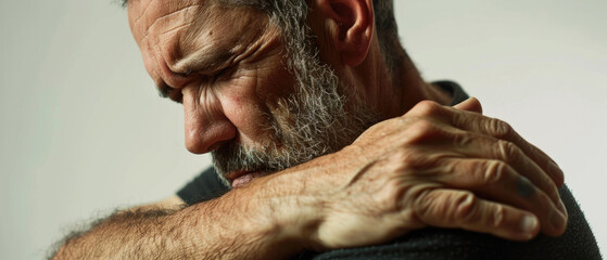 Sad Middle aged man in distress pain in his wrist due to arthritis pain and toothache isolated on white background created with Generative AI Technology