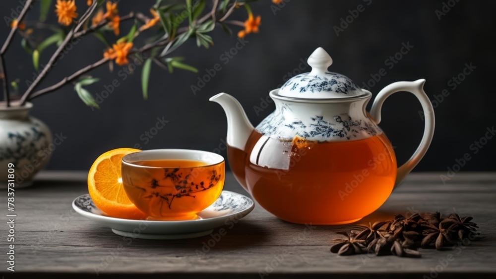 Canvas Prints  Sip into serenity with a warm cup of tea and a slice of orange