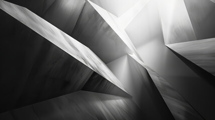 Bold minimalist abstract with sharp geometric shapes, deep background blur, wide angle, monochrome palette.