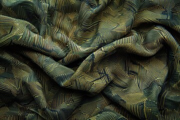 Abstract military background with randomly folded green, black and brown camouflage fabric texture - obrazy, fototapety, plakaty