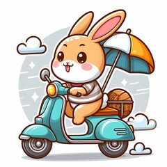cartoon rabbit rides a motorcycle with a basket of vegetables.
