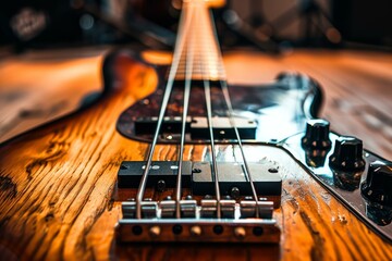Polished Bass guitar closeup background. Electric music. Generate Ai