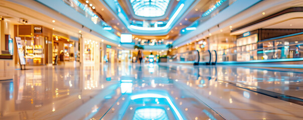 Shopping mall interior as the main element, perfect for an advertising banner with space for content. Abstract blurry background. - obrazy, fototapety, plakaty