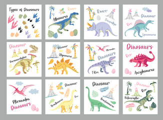 Benner card dinosaur color set. Vector dinosaurs on white background. Tyranosaurus Rex, Stegosaurus, Brachiosaurus, Triceratops, and Pterodactyl cartoons.Adobe Illustrator Artwork - 783732073