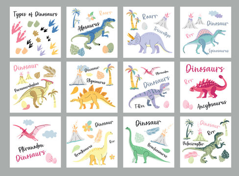 Benner card dinosaur color set. Vector dinosaurs on white background. Tyranosaurus Rex, Stegosaurus, Brachiosaurus, Triceratops, and Pterodactyl cartoons.Adobe Illustrator Artwork
