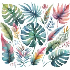 a collection of colorful tropical leaves and butterflies.