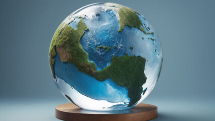 Detailed Globe Illustration Featuring North and South America, Oceans, and Green Landmasses on Wooden Stand - obrazy, fototapety, plakaty