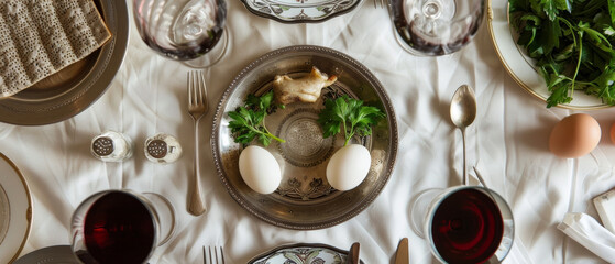 A top-down view of a Passover seder plate, surrounded by elegant tableware, parsley, eggs, and a wine glass, evoking a ceremonial ambiance.
