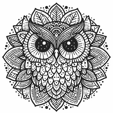 owl mandala drawing, contour image of an owl