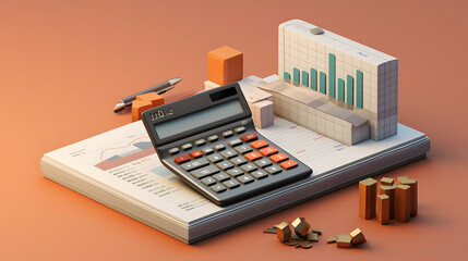 A 3D rendering featuring financial charts and a calculator in cartoon style,