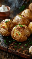 Delicious baked potatoes emitting steam, garnished with chives on a charred wooden surface, highlighting the textures and warmth of the meal.