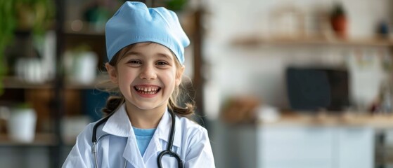 Wide-eyed with excitement, a child in a surgeon's outfit and cap radiates joy, stethoscope in hand.