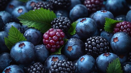 Pile of blueberries and blackberries with green leaves. Close up photo of organic food. 