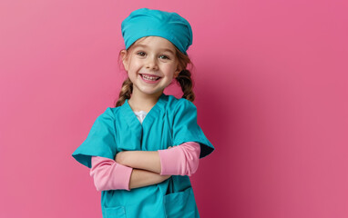 A joyful young girl in a turquoise medical uniform and glasses smiles brightly, radiating enthusiasm and a passion for healthcare as a future medical professional.