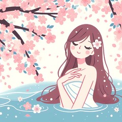 woman in bath with cherry blossoms
