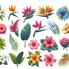 a collection of colorful flowers and leaves including tropical leaves and flowers.