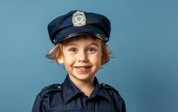 A young police officer in uniform, with a police badge on their cap, smiling confidently and cheerfully at the camera.