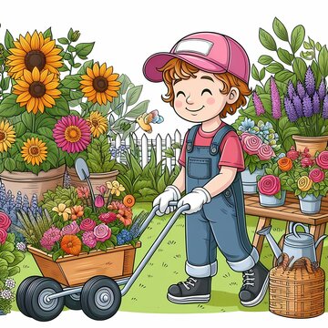 Coloring book for children, gardener working in the garden with flowers
