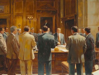 A group of men are gathered around a table in a room. They are all dressed in suits and ties. Scene is serious and formal - obrazy, fototapety, plakaty