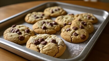  Deliciously baked chocolate chip cookies cooling on a tray