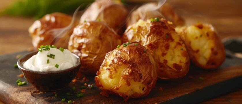 Steaming hot baked potatoes fresh out of the oven, their crispy golden outsides contrasting with the fluffy, tender insides, ready to be topped with various delicious toppings.