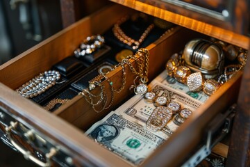 Wooden drawer full of treasures jewelry and money