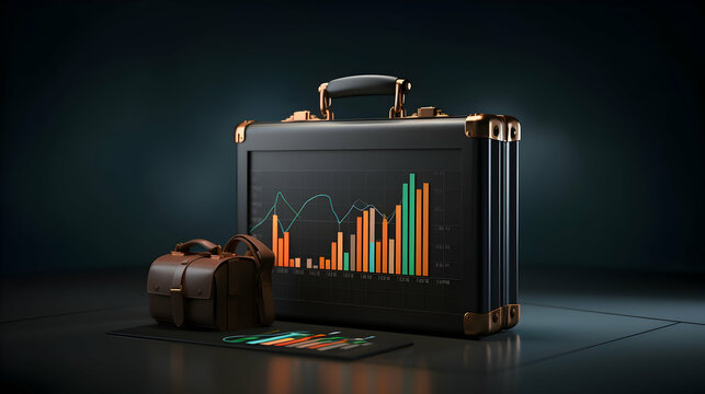 A 3D rendering of a briefcase and stock market graph, symbolizing business and investment success'