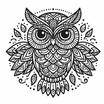 owl mandala drawing, contour image of an owl