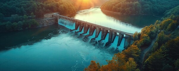 Hydroelectric dam, clean energy, serene river, innovative technology - obrazy, fototapety, plakaty