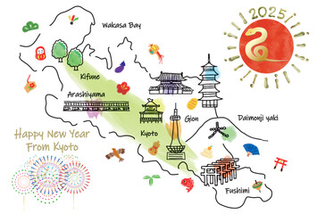 京都の観光地のイラストマップ年賀状2025年