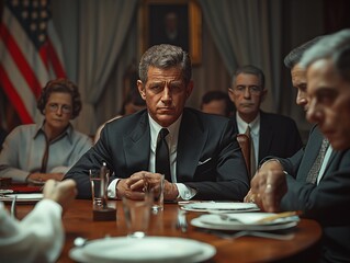 A man in a suit sits at a table with other men, looking at a document. Scene is serious and formal