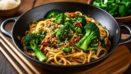  Delicious stirfry with noodles broccoli and vegetables in a wok