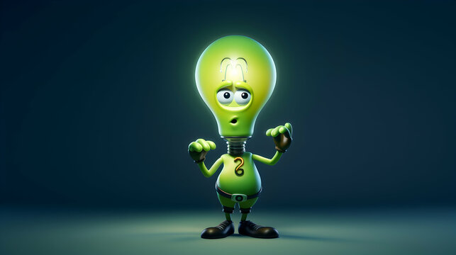 A 3D rendering of a character with a luminous idea bulb and question mark,