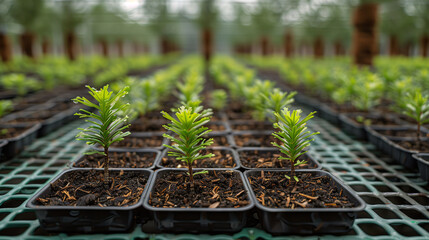 Rows of young plants growing in pots in a greenhouse, with a shallow depth of field focusing on one plant. Concept of agriculture, growth, and sustainability. - obrazy, fototapety, plakaty