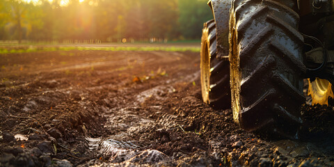 Side view from Agricultural tractor in the field Tractor preparing land for planting  farm tractor ploughs a field at sunset background Preparing farmland for planting - obrazy, fototapety, plakaty
