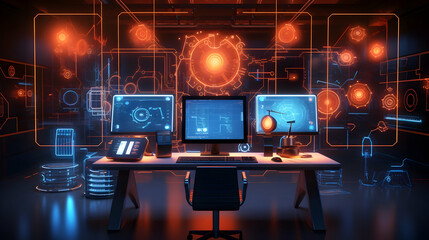 A 3D rendering of a computer science lab with futuristic computers and coding symbols