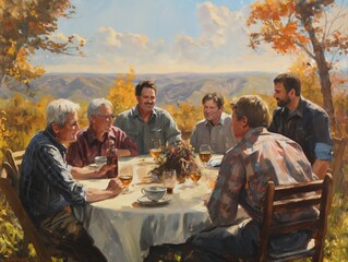 A painting of a group of men sitting around a table with wine glasses and cups. The men are smiling and seem to be enjoying each other's company. The painting conveys a sense of warmth and camaraderie