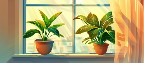 Potted plants on a windowsill, one green plant in a sunny window.