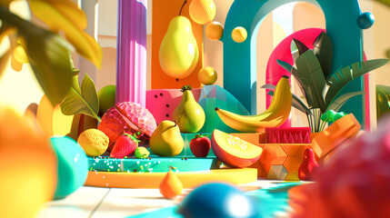 Vibrant 3D Illustration of a Colorful Fruit Fantasy Land - 783735210
