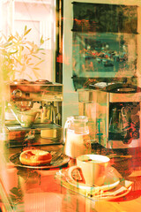 Vibrant Home Breakfast Scene with Espresso Machine and Pastries - 783735475