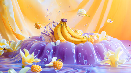 Vibrant Banana Splash on Purple Liquid with Floral Accents - 783735489