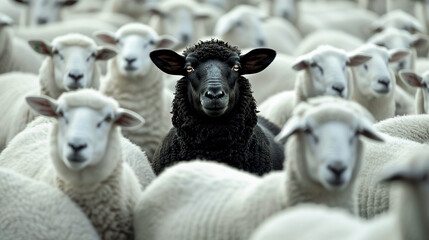 Fototapeta premium A black sheep stands out in the middle of an crowd with white sheeps. The concept shows individuality and different thinking