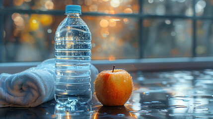 Refreshing fitness concept with a bottle of water, fresh apple, and towel on a reflective surface...