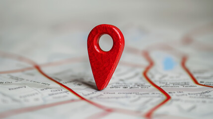 Fototapeta premium A close-up of a red map location pin on printed destination routes