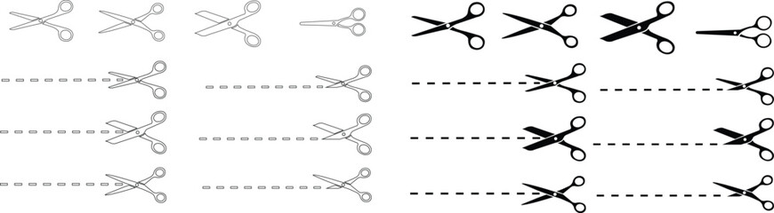 Scissors with cut or dotted line set. flat and Line or outline icon style. Scissors collection black on transparent background. - stock vector