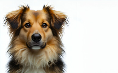 A brown dog with a white collar and a red collar sits in front of a white background., generative ai