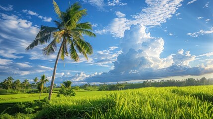 Wonderful nature view, sugar palm, rice field and beautiful sky AI generated