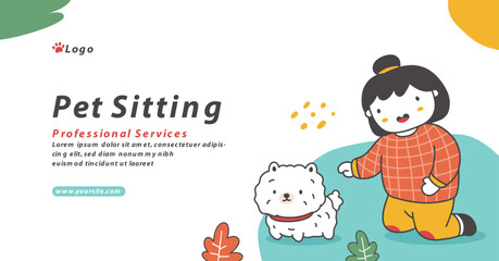 Pet sitting service hand drawn social media promo template