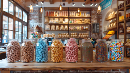 Colorful candy jars on a wooden shelf in a cozy vintage candy shop with blurred background of shelves filled with various sweets and treats.